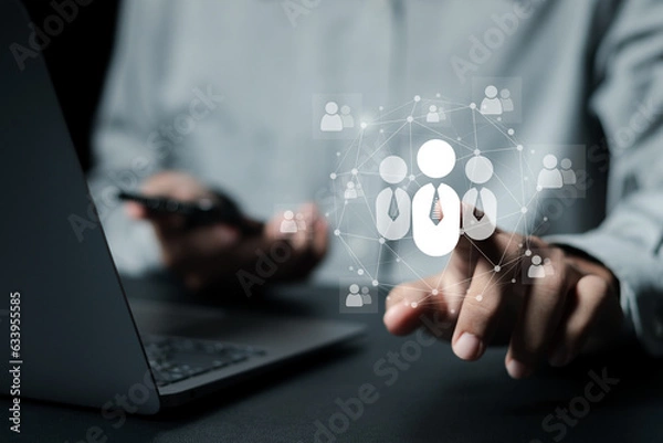 Fototapeta CRM Customer Relationship Management concept, Businessman with global customer network management technology and customer information exchange development, social media, online digital marketing.