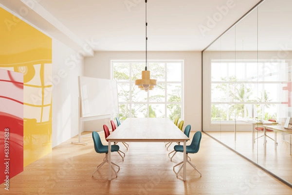 Fototapeta Bright office room interior with board and mock up presentation stand, window