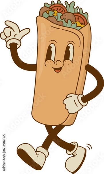 Obraz retro cartoon funny doner kebab, pita characters. Vintage taco, burritos, gyros mascot vector illustration. Nostalgia 60, 70s, 80s