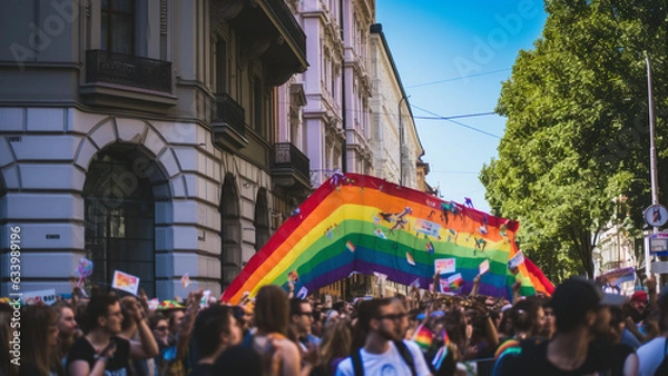 Fototapeta Dynamic view of protest march for LGBT rights on city street, holding rainbow flag