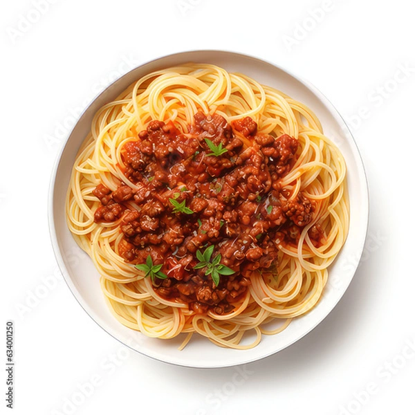 Fototapeta A white plate of delicious spaghetti bolognese on white background, generative ai