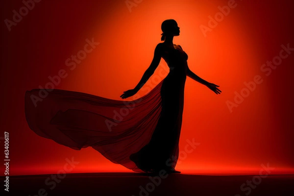 Fototapeta silhouette of a beautiful woman in red dress. elegant dance. night party background 