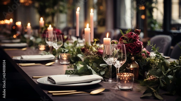 Fototapeta Elegant and select wedding decoration restaurant table Wine Glass and appetizers, on the bar table Soft light and romantic atmosphere dinner service menue guests candle