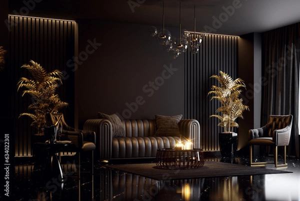 Fototapeta Luxury classical style superior black living room interior 3d render ,There are black marble floor black leather furniture ,decorated with golden plam tree