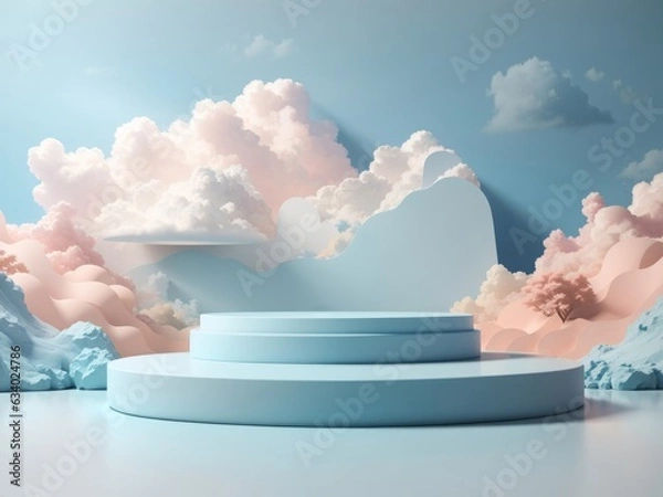 Fototapeta Abstract minimal concept. Pastel blue background with podium, clouds and abstract landscape. Mock up template for product presentation. 3D rendering. copy text space