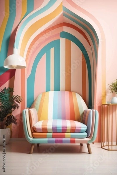 Fototapeta Abstract minimal concept. Pastel multi colour vibrant groovy retro striped background wall frame with bright armchair decor. Mock up template for product presentation