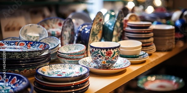 Fototapeta colored ceramic hand factory tableware on the counter in the store