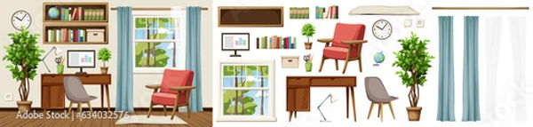 Fototapeta Room interior with a desk, an armchair, bookshelves, a window, and a big ficus tree. Retro interior design. Furniture set. Interior constructor. Cartoon vector illustration
