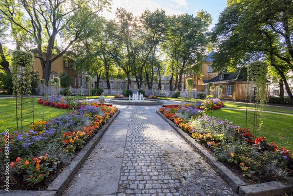 Obraz Stiftsgårds parken is a park adjacent to Stiftsgården (built for Cecilie Christine Schøller in the years 1774-1778.) in Midtbyen in Trondheim.,Trondheim city,Norway
