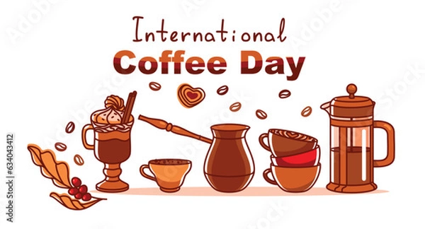 Fototapeta Cezve, coffee pot and various types of coffee. International coffee day banner.  Coffee day banner. Vector