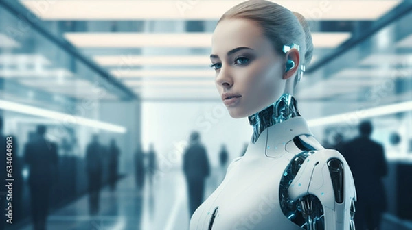 Fototapeta AI - powered robot assistant in a modern office setting, showcasing advanced technology and automation