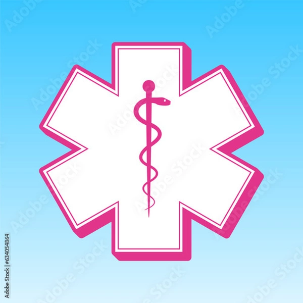 Fototapeta Medical symbol of the Emergency or Star of Life with border. Cerise pink with white Icon at picton blue background. Illustration.