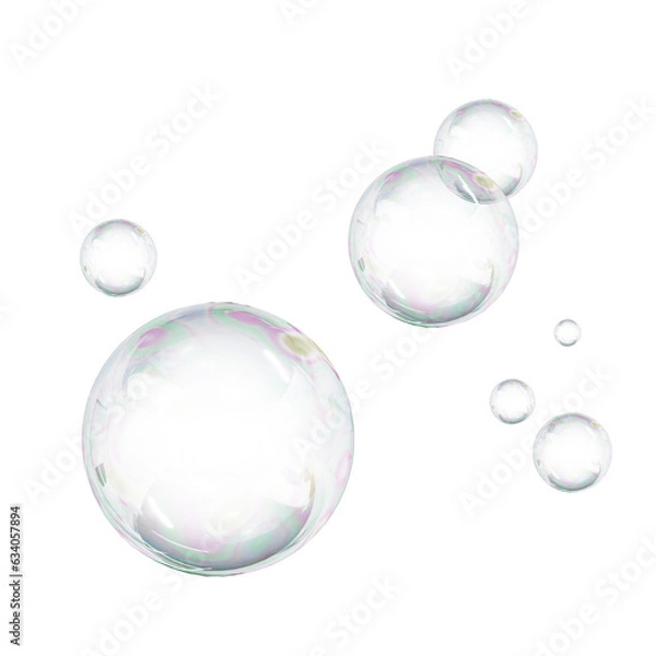 Fototapeta 3D Soap bubble floating on white background. Water foam bubbles with rainbow colors. Realistic iridescent ball. Soap transparent balloon. 3D Rendering