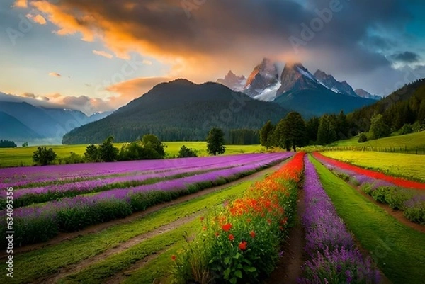 Fototapeta Fields in the spring season - AI Generative