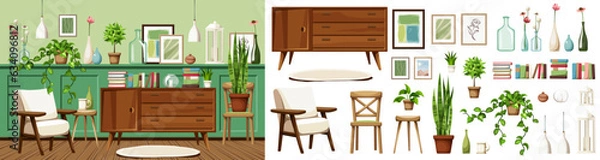 Fototapeta Room interior with green wall panels, an armchair, a dresser, and plenty of houseplants, vases, and pictures. Vintage interior design. Furniture set. Interior constructor. Cartoon vector illustration