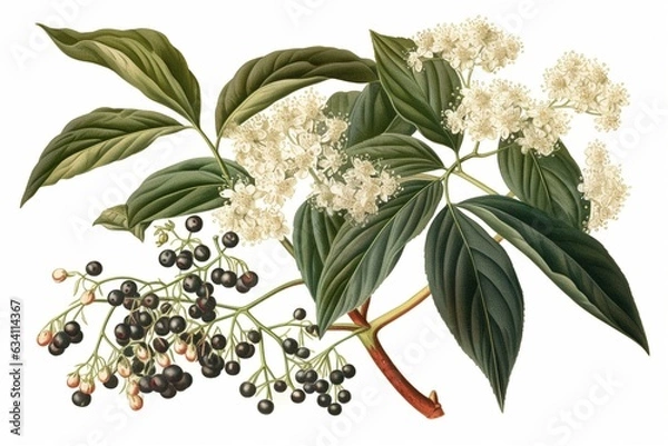 Obraz Old print of elderberry plant, used for medicinal and culinary purposes. Features white flowers and edible berries. Generative AI