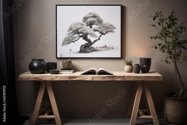 Fototapeta zen study space with minimalist desk, bonsai tree, and calming wall art