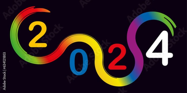 Obraz Carte de vœux au graphisme original pour présenter l’année 2024. Elle montre une succession de courbes aux couleurs de l’arc en ciel.