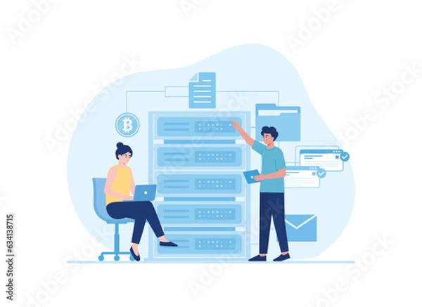 Fototapeta Bitcoin data and document storage concept flat illustration