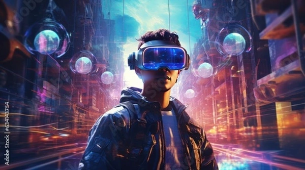 Fototapeta Picture of a cyberpunk hacker excelling in a futuristic scenario, encircled by holographic interfaces, complex code, and immersive virtual reality elements that showcase their digital prowess