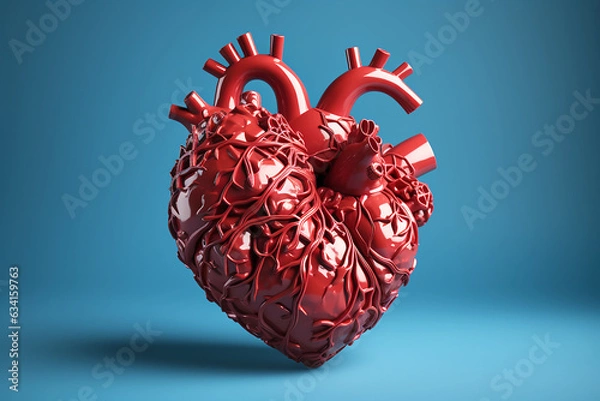 Obraz Red layout in the shape of an anatomical heart on a blue background. Generative AI