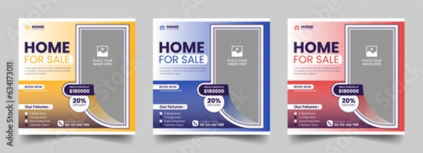 Fototapeta Real estate square social media post or dream home sale property promotion web banner template bundle. Editable modern house banner layout set