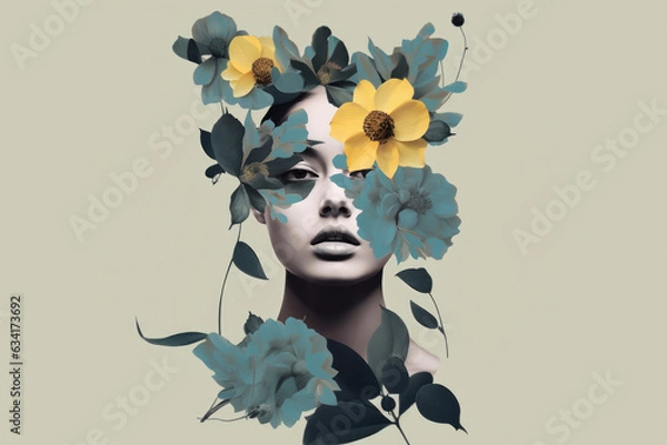 Fototapeta Abstract fashion art paper collage. Portrait of a woman with many flowers. Generative AI