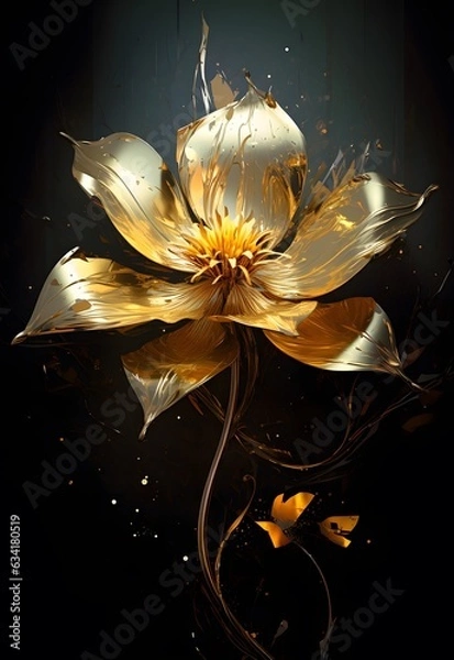 Fototapeta Gold flower on a black background, 3d rendering, 3d illustration.