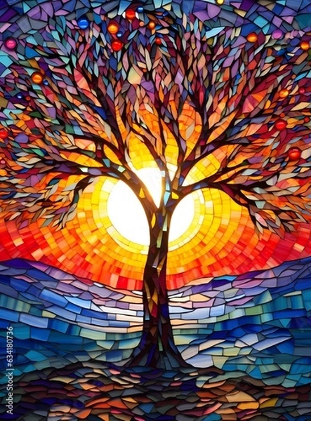 Fototapeta Abstract illustration in stained glass style with a tree on a background of the sun