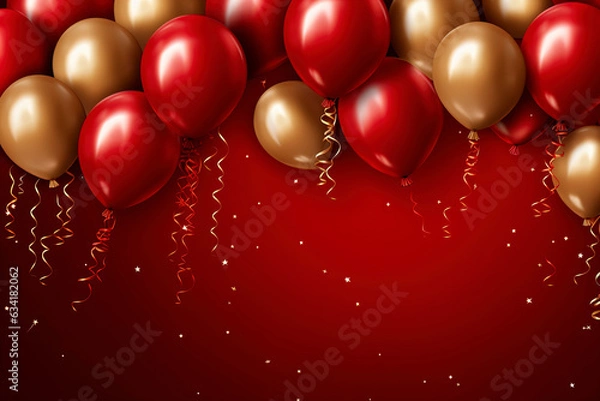 Obraz Celebration party banner background with red, gold balloons, carnival, festival or birthday balloon red background, red celebration background template, Illustrations for advertising, generative ai