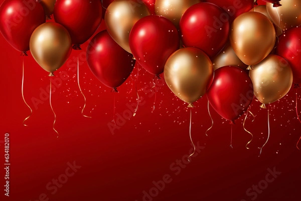 Obraz Celebration party banner background with red, gold balloons, carnival, festival or birthday balloon red background, red celebration background template, Illustrations for advertising, generative ai