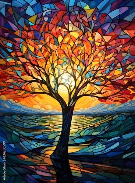 Fototapeta Abstract stained-glass tree on the lake at sunset, illustration