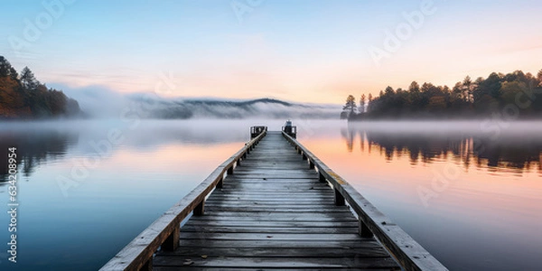 Fototapeta A straight flat simplistic rectangular lake dock, beautiful sunrise, foggy, calm water. Nature relax wallpaper.