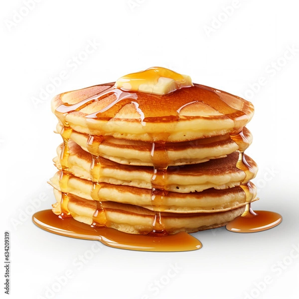Fototapeta stack of pancakes with butter and a flowing maple syrup  white background 
