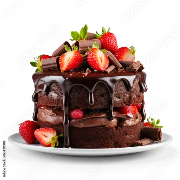 Obraz Illustration of chocolate cake with strawberries sauce on white background 