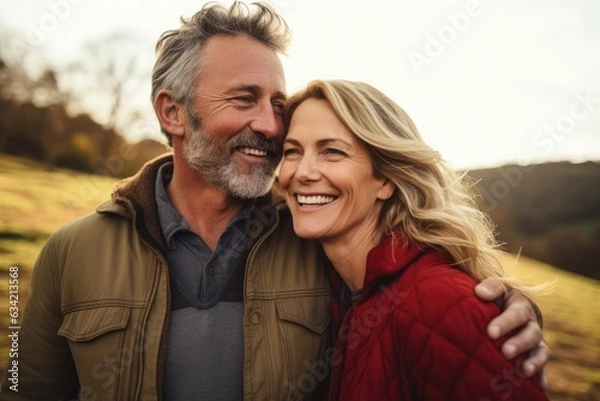 Obraz Middle aged caucasian couple living on a farm in the countryside smiling portrait