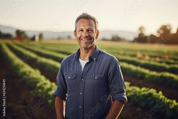 Obraz Middle aged caucasian farming smiling on his farm field