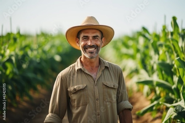 Obraz middle aged male mexican farmer smiling and working on a farm field portrait