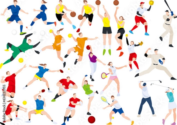 Obraz いろいろなスポーツ（球技）のアスリートたちイラストセット