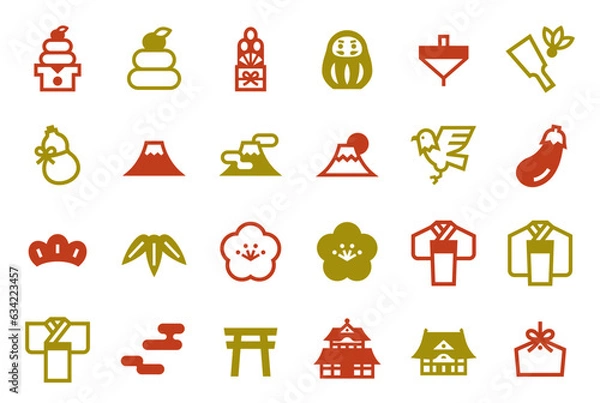 Obraz お正月・年賀状モチーフアイテムのベクターアイコンセット