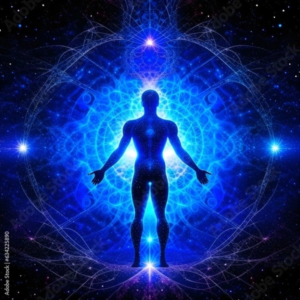 Fototapeta Abstract fractal yoga meditation man woman in universe cosmic space energy stylized symbolic realistic image