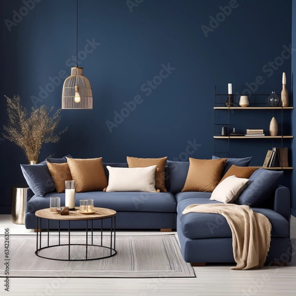 Fototapeta Interior with navy blue background with blue sofa and multicolored pillows. Created using generative AI