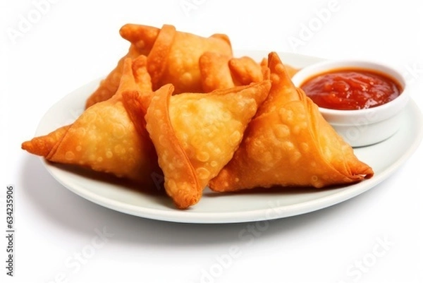 Obraz samosa and pakora on a plate with dipping sauce isolated on white background, created by Generative AI