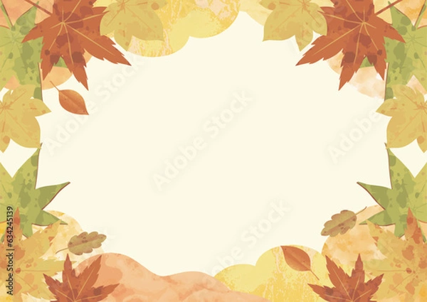 Fototapeta 秋　フレーム　もみじ　紅葉　水彩　風景　背景　コピースペース　イラスト素材　ヨコ