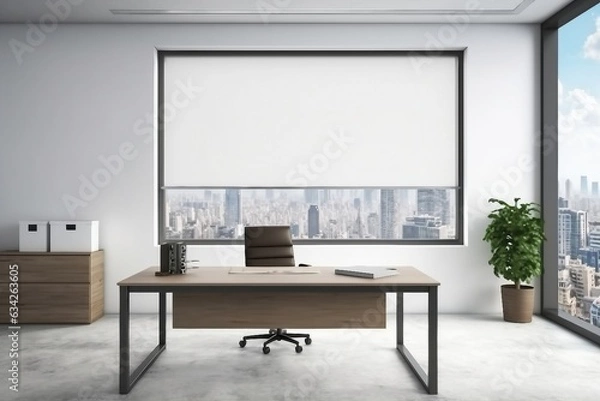 Fototapeta interior design, Modern office interior. White poster on wall. Mock up. CEO desk. City view, panoramic window. created generative ai.