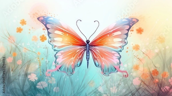 Fototapeta  a colorful butterfly flying over a field of flowers and grass.  generative ai