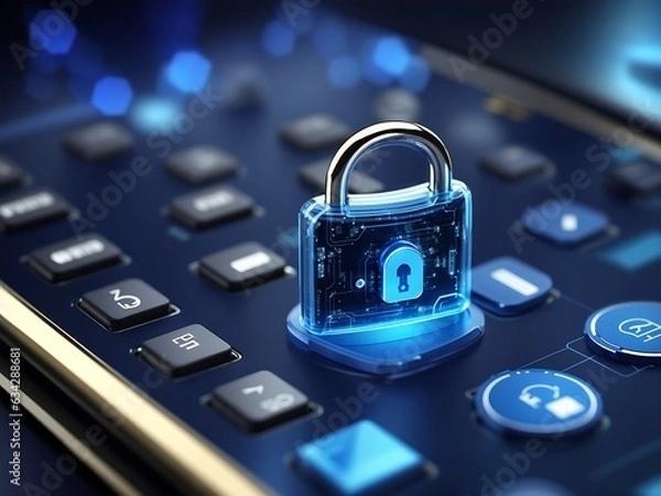 Obraz data protection and digital security concept, cybersecurity, button with padlock on blue touchscreen