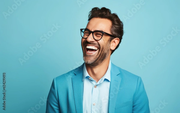 Fototapeta 40 years old ultra handsome Caucasian, smiling and laughing, wearing bright clothes. Bright solid blue background. created by generative AI technology.