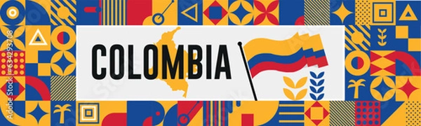 Fototapeta COLOMBIA Map and raised fists. National day or Independence day design for COLOMBIA celebration. Modern retro design with abstract icons. Vector illustration.