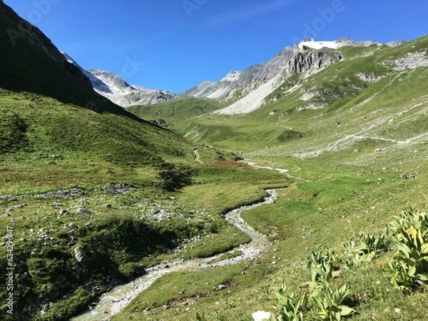 Fototapeta Vallée de Ritort en direction du refuge du Peclet Polset. Pralognan la Vanoise, Parc national de la Vanoise, Alpes du Nord, Tarentaise, Savoie, France.
